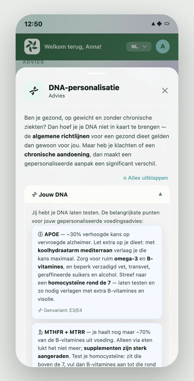Schermafbeelding van de app: DNA-personalisatie