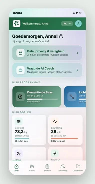 Schermafbeelding van het dashboard van de My Lifestyle Platform-app
