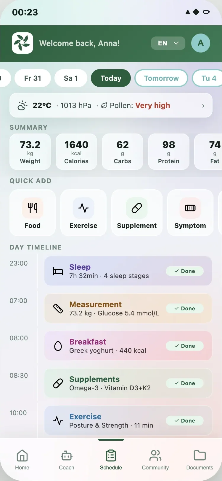 Screenshot of the day planner in My Lifestyle Platform