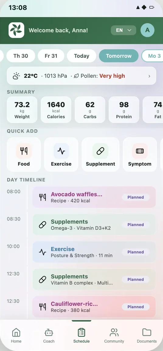 Screenshot of tomorrow's day planner in My Lifestyle Platform
